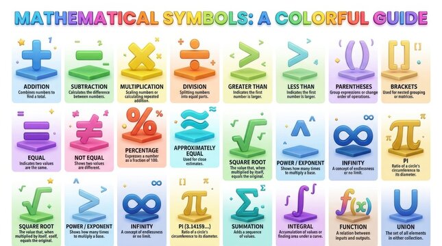 Collection of colorful mathematical symbols and equations displayed on a white background illustrating various concepts addition subtraction multiplication division greater than less