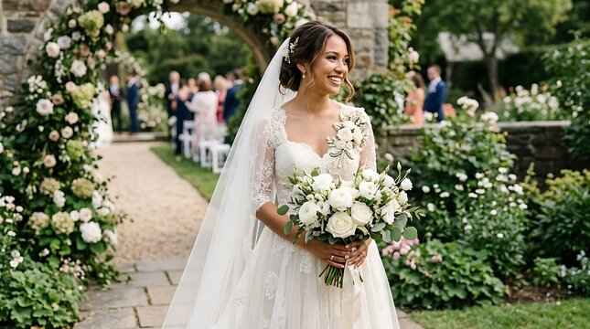 A beautiful smiling bride in a white wedding dress holding a floral bouquet walking down the aisle at an outdoor garden wedding ceremony