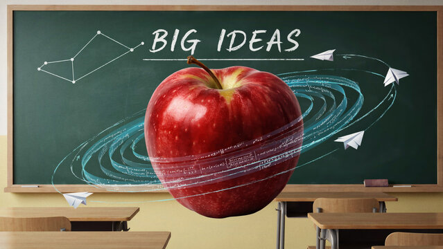 Big Ideas concept with red apple planet floating in classroom blackboard