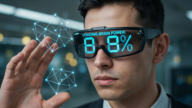 Young man wearing smart AR glasses displaying loading brain power percentage