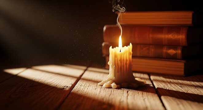 Burning candle and stack of old books on a wooden table