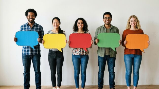 Five people holding colorful speech bubble shapes against a plain white wall a studio photograph communication dialogue conversation speech-bubbles talk-bubbles message-boards thought-bubbles