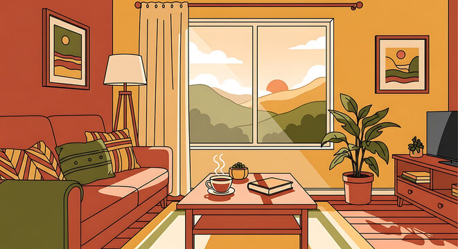 Cozy living room interior with sunset view in pixel art