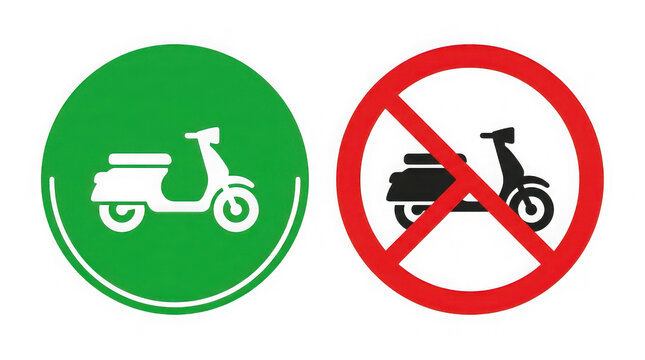 Green circular sign with scooter icon and red prohibition sign for no mopeds on transparent background.