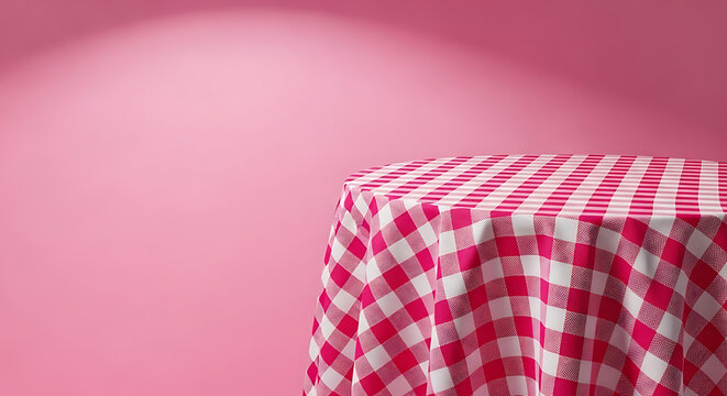 Round table with pink and white checkered tablecloth