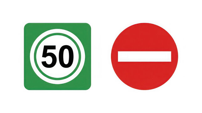 Green speed limit fifty sign and red no entry symbol.