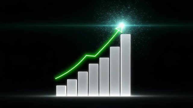 Growing Bar Chart with Green Line Progression Against Black Background with Lens Flare