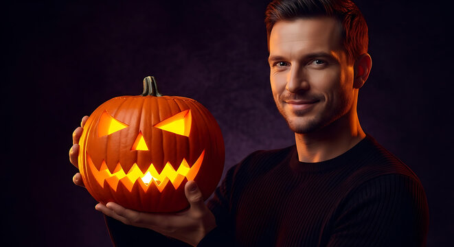 Handsome man holding a glowing jack o lantern for halloween