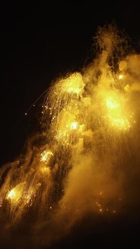 Fireworks explosion bursting in night sky with green palm tree leaves in foreground. Sharp pyrotechnic display in tropical resort, festive celebration background for news year eve party