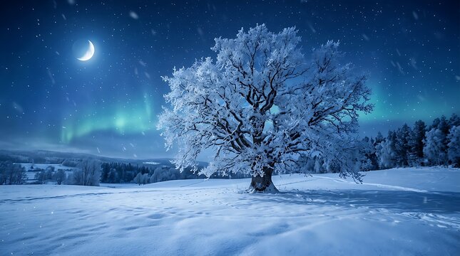 A majestic snow covered tree standing in a frozen winter landscape under a bright crescent moon and vibrant northern lights in the night sky