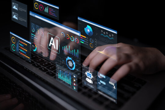AI business intelligence interface featuring real-time AI data visualization, predictive AI model graphs, and automated report tools driven by AI artificial intelligence for business solution. Corpus
