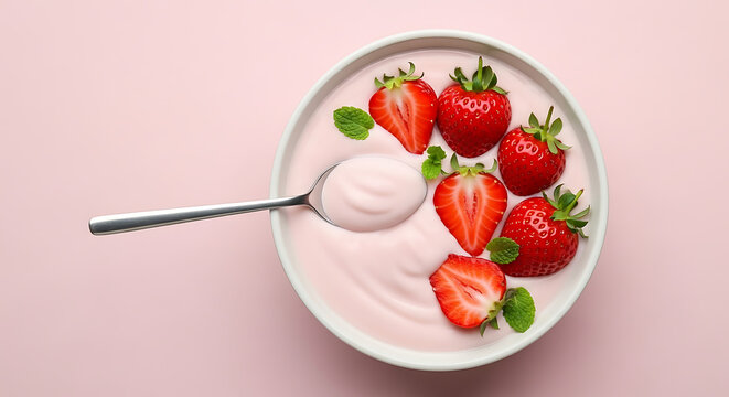 Fresh strawberry yogurt in a bowl with a spoon