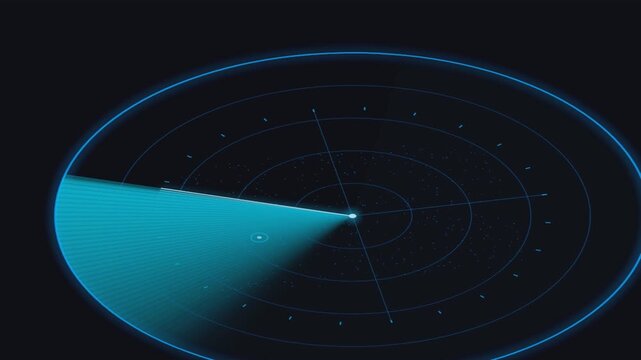 Futuristic blue digital radar screen showing sonar scan with rotating sweep line and glowing signals.