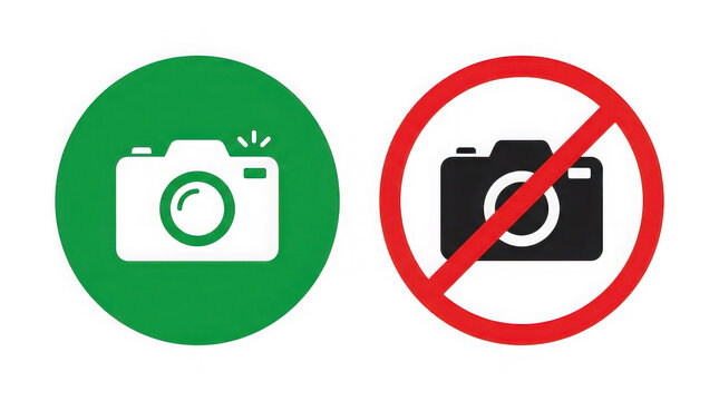 Camera allowed and photography prohibited sign set on transparent background.