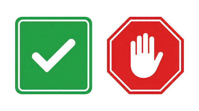 Green check mark and red stop hand symbols for validation and restriction.
