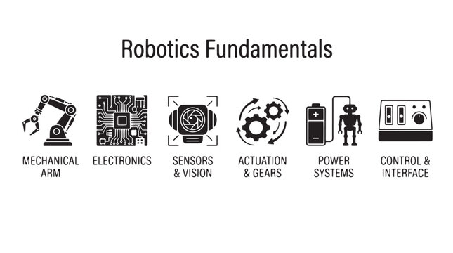 Robotics fundamentals icon set, industrial automation and engineering symbols, mechanical arm and electronics vector collection isolated on Transparent Background