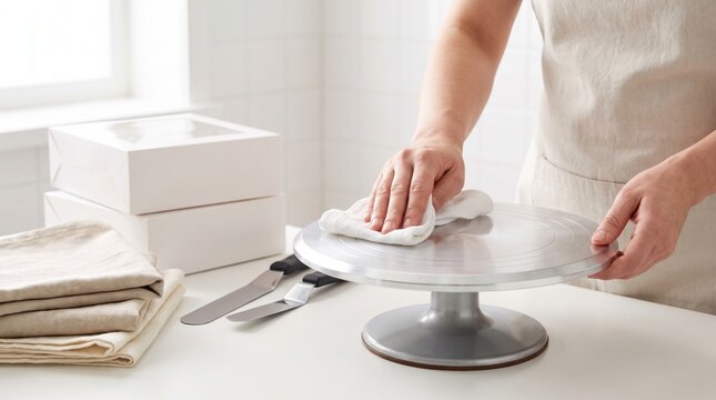 Hands using a white cloth to wipe clean a metal cake turntable on a table