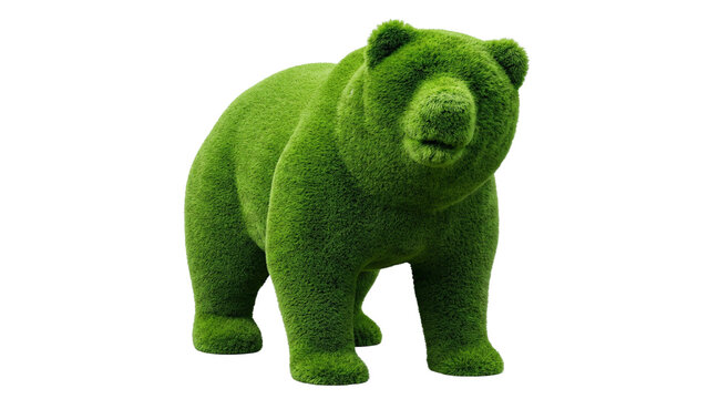 Topiary bear figure made of grass on transparent background. Decorative green animal sculpture for park landscaping. Eco friendly garden ornament for outdoor nature decoration design.