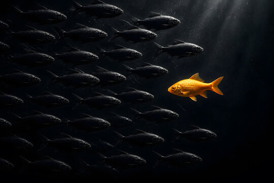 Golden Fish Swimming Against Black School of Fish, Leadership and Independent Thinking Concept
