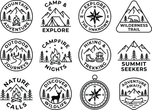 Vintage outdoor camping badge vector set, mountain adventure campfire seal, camp explore tent emblem, explore unknown compass rose, wilderness trail bear