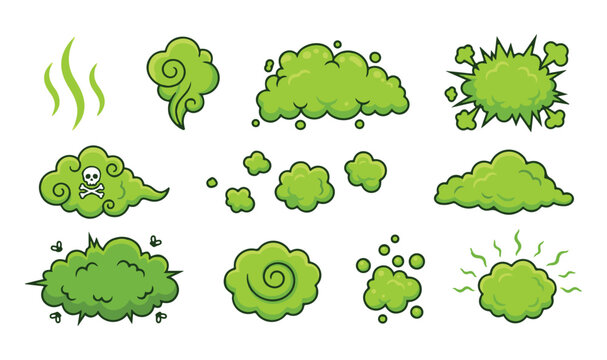 Set of cartoon green stink clouds and bad smell smoke effects isolated on a white background