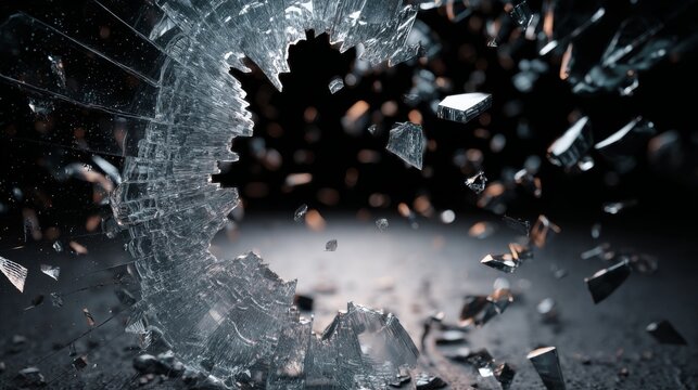 Shattered glass fragments in an explosive, dynamic display of motion and light.