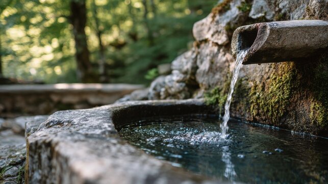Tranquil water fountain surrounded by lush greenery in a serene forest setting.