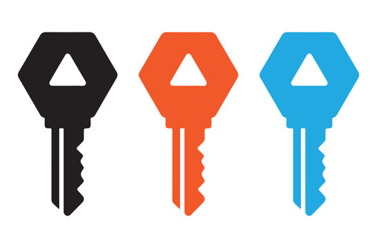 Set of three colorful house keys in black orange and blue isolated on a white background