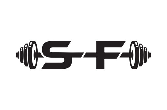 Minimalist fitness logo design featuring the letters s and f integrated with a heavy barbell weight icon
