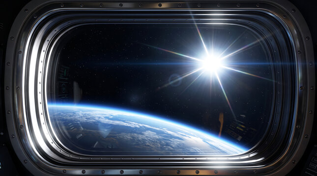 View of planet earth from spaceship porthole window during space mission with bright sun and cosmic stars in background of galaxy for scientific exploration and futuristic astronomy.