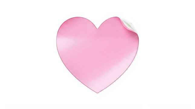 Pink heart sticker isolated on white. Adhesive paper heart shape with peeling corner.