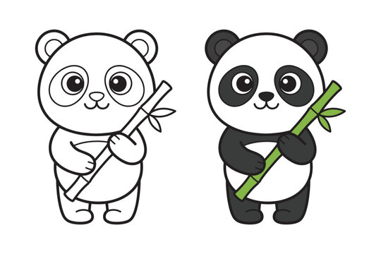 Cute baby panda standing holding bamboo stalk coloring page with colored sample for kids