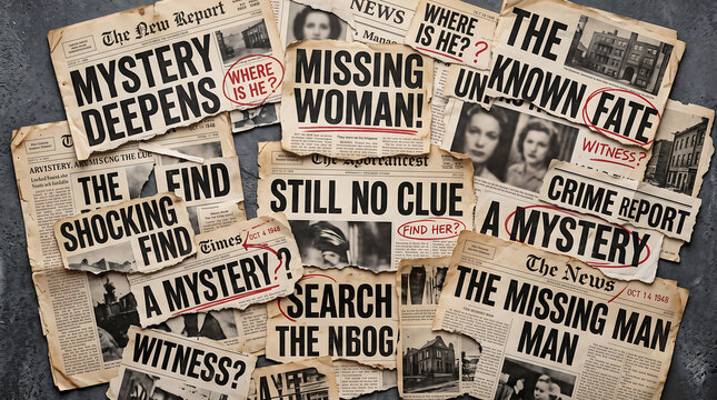 Stacked newspapers featuring mystery headlines missing person reports crime stories investigation notes scattered on dark wooden background vintage journalism aesthetic theme.