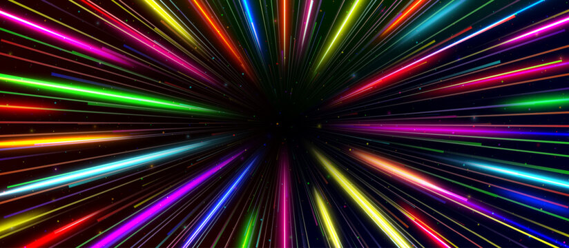 Realistic rainbow RGB spectrum hyperspace travel tunnel background. Abstract gradient with open space star warp. Speed of light journey concept. Vector illustration
