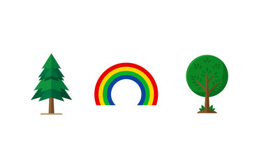 Obraz premium Set of Colorful Flat Icons Featuring a Coniferous Pine Tree a Vibrant Rainbow and a Deciduous Green Tree Design