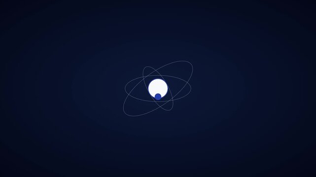 Minimalist atom model animation with rotating electron orbits on dark 4k background, for science and, technology concepts