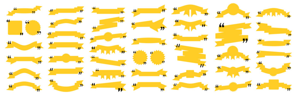 Quote box title pack isolated. Yellow ribbon style speech quotation mark frames. Text talk info message box borders. Dialog mark speech quotes icon. Vector png illustration