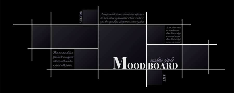Art modern style black and white horizontal moodboard grid design mockup isolated. Photo mosaic collage gallery template. Album portfolio brandboard. Mood board overlay bg. Vector illustration