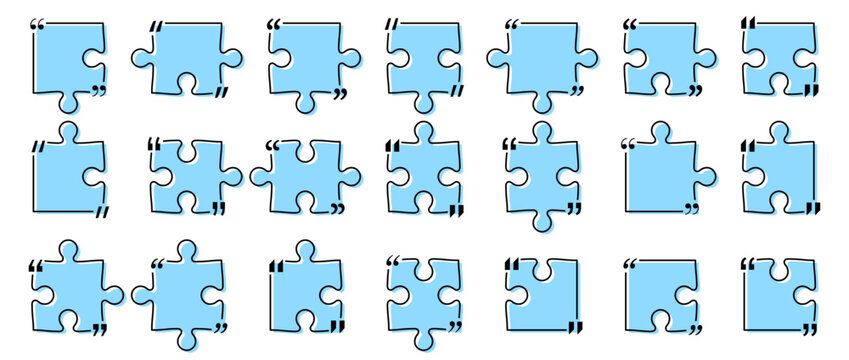 Quote box title pack isolated. Blue puzzle style speech quotation mark frames. Text talk info message box borders. Dialog mark speech quotes icon. Vector png illustration