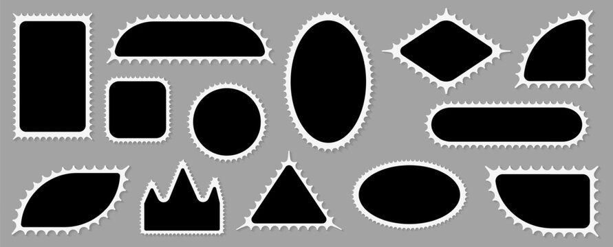 Vector set of scalloped black and white postage frames isolated. Outline border template. Simple minimalist label text box. Blank scallop edge stamp mockup.