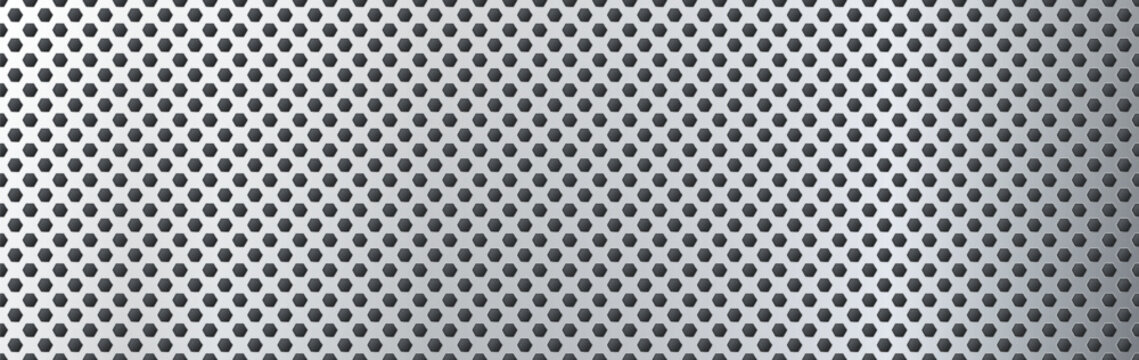 Titanium seamless perforated metal sheet realistic texture. Metal chrome grill plate with hexagon holes. Modern design carbon radiator bg. Macro speaker radiator. Vector illustration