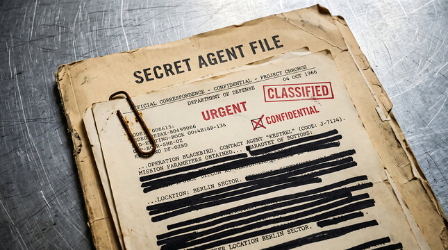 Secret agent file folder with confidential stamp and urgent label on weathered paper showing operation blackbird mission details and redacted intel for vintage spy thriller concept.