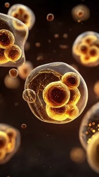 Close-up of glowing cells with vibrant golden hues on a dark background.