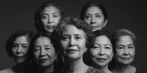 Obraz premium Confident Senior Asian Women Group Portrait in Black and White