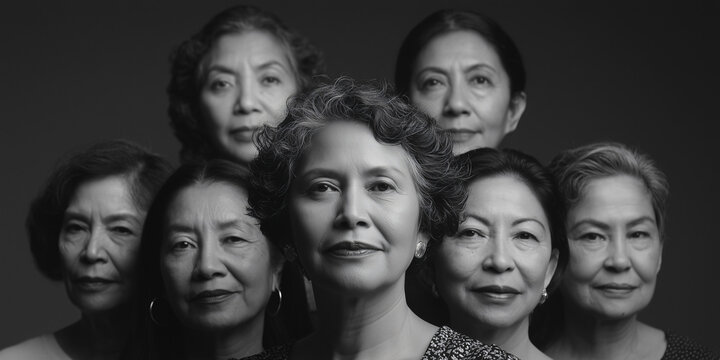 Confident Senior Asian Women Group Portrait in Black and White