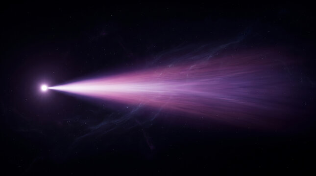 Cosmic pulsar emitting bright purple radiation beam across deep space with distant nebulae and stars in dark universe background for science fiction astronomical exploration concept.