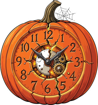 Orange pumpkin clock with mechanical gears and spider web isolated on a white background