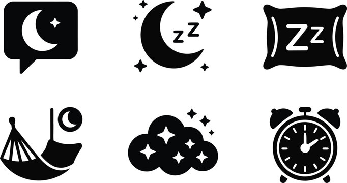 Vector icon set for sleep and night rest with moon pillow alarm clock