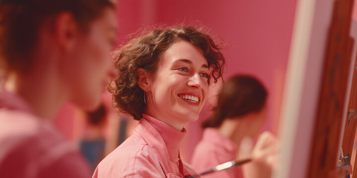 Smiling Young Woman Painting in a Vibrant Pink Art Studio