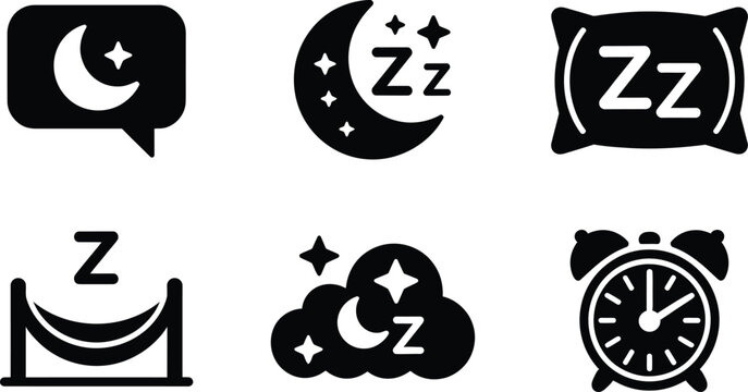 Collection of sleep and bedtime icons with moon stars and hammock symbols